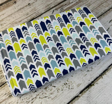 Load image into Gallery viewer, Baby Shower Gift Set / Burp Cloth Bib Set / Baby Boy Gift / Blue Yellow Arrows
