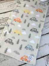 Load image into Gallery viewer, Baby Shower Gift Set / Burp Cloth Bib Set / Baby Boy Gift / Cars Trees
