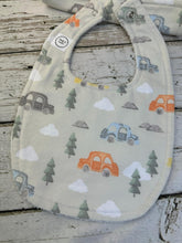 Load image into Gallery viewer, Baby Shower Gift Set / Burp Cloth Bib Set / Baby Boy Gift / Cars Trees
