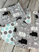 Load image into Gallery viewer, Baby Shower Gift Bib Set / Set of 2 Bibs / Neutral Bib Set / Zoo Animals / Mint Green
