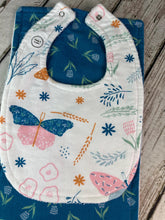 Load image into Gallery viewer, Baby Girl Bib Burp Cloth Set / Baby Girl Bib Pink Blue Floral / Baby Girl Burp Cloth Butterfly Floral / Baby Shower Gift Girl
