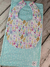 Load image into Gallery viewer, Baby Girl Bib Burp Cloth Set / Baby Girl Bib Pink Mint Green Floral / Baby Girl Burp Cloth Pink Mint Green Floral / Baby Shower Gift Girl

