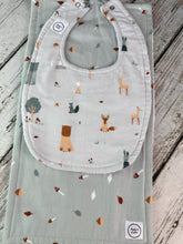 Load image into Gallery viewer, Baby Boy Bib Burp Cloth Set / Woodland Animal Sage Mushroom Bib / Woodland Animals Burp Cloth / Woodland Animals Nursery / Baby Shower Gift
