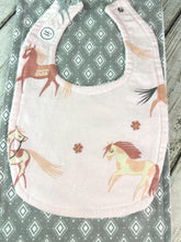 Load image into Gallery viewer, Baby Girl Bib Burp Cloth Set / Baby Girl Bib Pink Gray Horses / Baby Girl Burp Cloth Horses / Baby Shower Gift Girl
