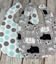 Load image into Gallery viewer, Baby Shower Gift Bib Set / Set of 2 Bibs / Neutral Bib Set / Zoo Animals / Mint Green
