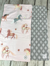 Load image into Gallery viewer, Baby Shower Gift Set / Baby Girl Burp Cloth Set / Horse Baby Burp Cloth / Pink Gray Burp Cloth / Equestrian baby
