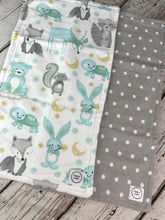 Load image into Gallery viewer, Baby Shower Gift Set / Baby Boy Burp Cloth Set / Woodland Animal Burp Cloth / Mint Green Gray Burp Cloth / Mint Woods
