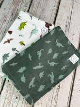Load image into Gallery viewer, Baby Shower Gift Set / Baby Boy Burp Cloth Set / Dinosaur Burp Cloth / Green Burp Cloth
