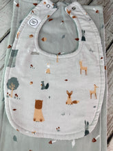 Load image into Gallery viewer, Baby Boy Bib Burp Cloth Set / Woodland Animal Sage Mushroom Bib / Woodland Animals Burp Cloth / Woodland Animals Nursery / Baby Shower Gift
