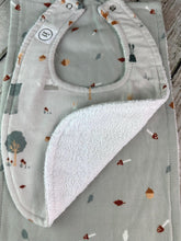 Load image into Gallery viewer, Baby Boy Bib Burp Cloth Set / Woodland Animal Sage Mushroom Bib / Woodland Animals Burp Cloth / Woodland Animals Nursery / Baby Shower Gift
