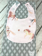 Load image into Gallery viewer, Baby Girl Bib Burp Cloth Set / Baby Girl Bib Pink Gray Horses / Baby Girl Burp Cloth Horses / Baby Shower Gift Girl
