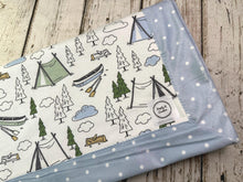 Load image into Gallery viewer, Camping minky baby blanket / blue dot minky baby blanket  / baby shower gift / outdoor Minky Blanket
