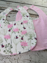 Load image into Gallery viewer, Baby Shower Gift Bib Set / Set of 2 Bibs / Baby Girl Bib Set / Ladybug pink gingham Bib
