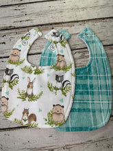 Load image into Gallery viewer, Baby Shower Gift Bib Set / Set of 2 Bibs / Neutral Bib Set / Mint Green Woodland Animals Plaid
