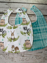 Load image into Gallery viewer, Baby Shower Gift Bib Set / Set of 2 Bibs / Neutral Bib Set / Mint Green Woodland Animals Plaid

