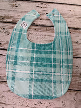 Load image into Gallery viewer, Baby Shower Gift Bib Set / Set of 2 Bibs / Neutral Bib Set / Mint Green Woodland Animals Plaid
