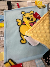 Load image into Gallery viewer, Baby Minky Tag Blanket Disney Winnie Pooh / Lovey / Baby Shower Gift / Baby Toy / Snuggle Blanket / Baby Christmas Gift
