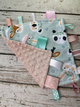 Load image into Gallery viewer, Woodland Animal Baby Girl Minky Tag Blanket / Lovey / Baby Girl Shower Gift / Sensory Toy
