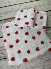 Load image into Gallery viewer, Luxurious Baby Washcloths Strawberry / Muslin Gauze Wascloths Set of 3 Strawberries  / Baby Girl Gift
