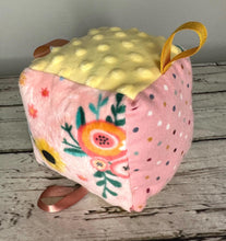 Load image into Gallery viewer, Baby Girl Fabric Sensory Baby Block Boho Sunflower / Baby Girl Gift / Boho Baby / Baby Toy / Rattle / Crinkle Toy
