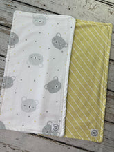 Load image into Gallery viewer, Baby Shower Gift Set / Neutral Boy or Girl Burp Cloth Set / yellow gray bears Burp Cloth / yellow stripe Burp Cloth

