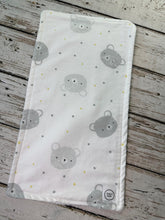 Load image into Gallery viewer, Baby Shower Gift Set / Neutral Boy or Girl Burp Cloth Set / yellow gray bears Burp Cloth / yellow stripe Burp Cloth
