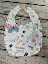 Load image into Gallery viewer, Baby Shower Gift Bib Set / Set of 2 Bibs / Baby Girl Bib Set / Pink Blue Floral Burp Cloth / Butterfly burp cloth / Floral Whimsy Collection
