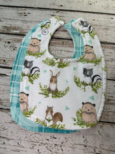Load image into Gallery viewer, Baby Shower Gift Bib Set / Set of 2 Bibs / Neutral Bib Set / Mint Green Woodland Animals Plaid
