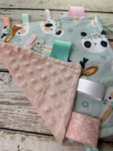 Load image into Gallery viewer, Woodland Animal Baby Girl Minky Tag Blanket / Lovey / Baby Girl Shower Gift / Sensory Toy
