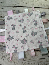 Load image into Gallery viewer, Baby Girl Tag Blanket / Pink Gray Bunnies Tag Blanket / Baby Shower Gift / Sensory Blanket
