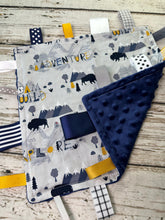 Load image into Gallery viewer, Baby Boy Tag Blanket Blue Gray Adventure / Boy Taggie / Baby Shower Gift / Sensory Blanket
