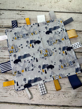 Load image into Gallery viewer, Baby Boy Tag Blanket Blue Gray Adventure / Boy Taggie / Baby Shower Gift / Sensory Blanket
