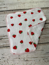 Load image into Gallery viewer, Luxurious Baby Washcloths Strawberry / Muslin Gauze Wascloths Set of 3 Strawberries  / Baby Girl Gift

