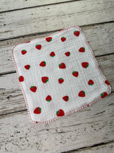 Load image into Gallery viewer, Luxurious Baby Washcloths Strawberry / Muslin Gauze Wascloths Set of 3 Strawberries  / Baby Girl Gift
