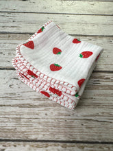 Load image into Gallery viewer, Luxurious Baby Washcloths Strawberry / Muslin Gauze Wascloths Set of 3 Strawberries  / Baby Girl Gift
