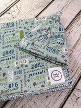 Load image into Gallery viewer, Baby Boy Swaddle Blanket Hat Set / Dinosaur Swaddle Blanket Hat / Stretchy Knit Baby Blanket Hat / Baby Shower Gift / Newborn Photo Set
