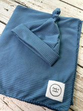 Load image into Gallery viewer, Baby Boy Swaddle Blanket Hat Set / Blue Swaddle Blanket Hat / Stretchy Knit Baby Blanket Hat / Baby Shower Gift / Newborn Photo Set
