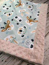 Load image into Gallery viewer, Baby Girl Minky Blanket / Blush Pink Mint Green Woodland Animals Baby Blanket / baby shower gift
