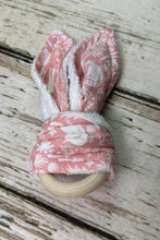 Load image into Gallery viewer, Baby Girl Teether Rattle / Wood Teether Ring Pink Floral / Baby Teething Ring / Bunny Ears Teether / Baby Rattle Toy / Baby Gift
