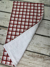 Load image into Gallery viewer, Baby Boy Bib Burp Cloth Set / Camping Outdoors Red Plaid / Baby Shower Gift Set
