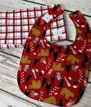 Load image into Gallery viewer, Baby Boy Bib Burp Cloth Set / Camping Outdoors Red Plaid / Baby Shower Gift Set
