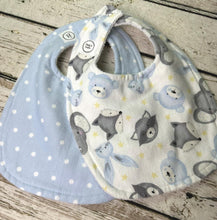 Load image into Gallery viewer, Baby Shower Gift /  Boy Bib Set Woodland Animals / New Baby / Bib Set of 2 / Woodland Animal Nursery
