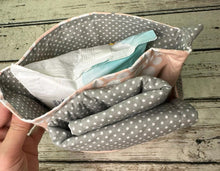 Load image into Gallery viewer, Diaper Clutch Changing Pad Pouch / Floral Diaper Bag / Pink Gray Floral Dot / Small Travel Diaper Bag / Baby Girl Shower Gift
