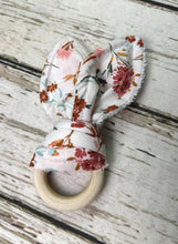 Load image into Gallery viewer, Baby Girl Teether Rattle / Wood Teether Ring Pink Floral / Baby Teething Ring / Bunny Ears Teether / Baby Rattle Toy / Baby Gift

