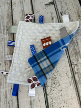 Load image into Gallery viewer, Detroit Lions Plaid Baby Boy Minky Tag Blanket / Baby Shower Gift / Lovey / Baby Toy / Snuggle Blanket / sensory blanket
